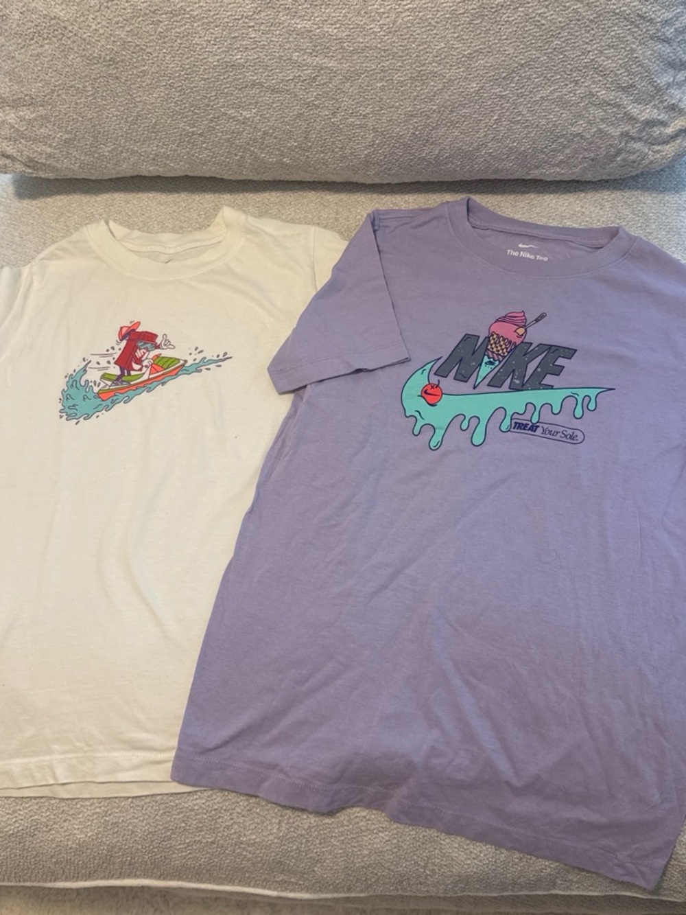 (2) Nike white surfing & Lavender Tee with Mint Drip Logo and Ice Cream Graphic